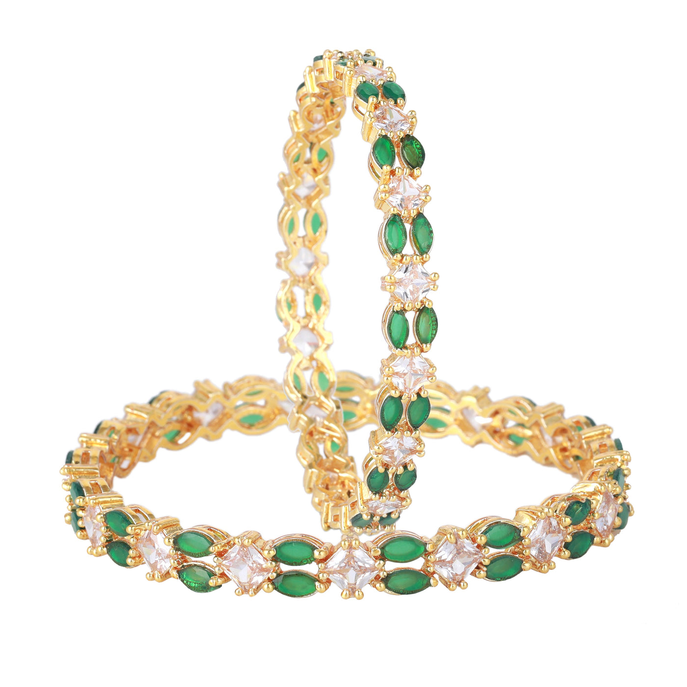 Estele Gold Plated CZ Striking Designer Bangles with Green & White Stones for Women