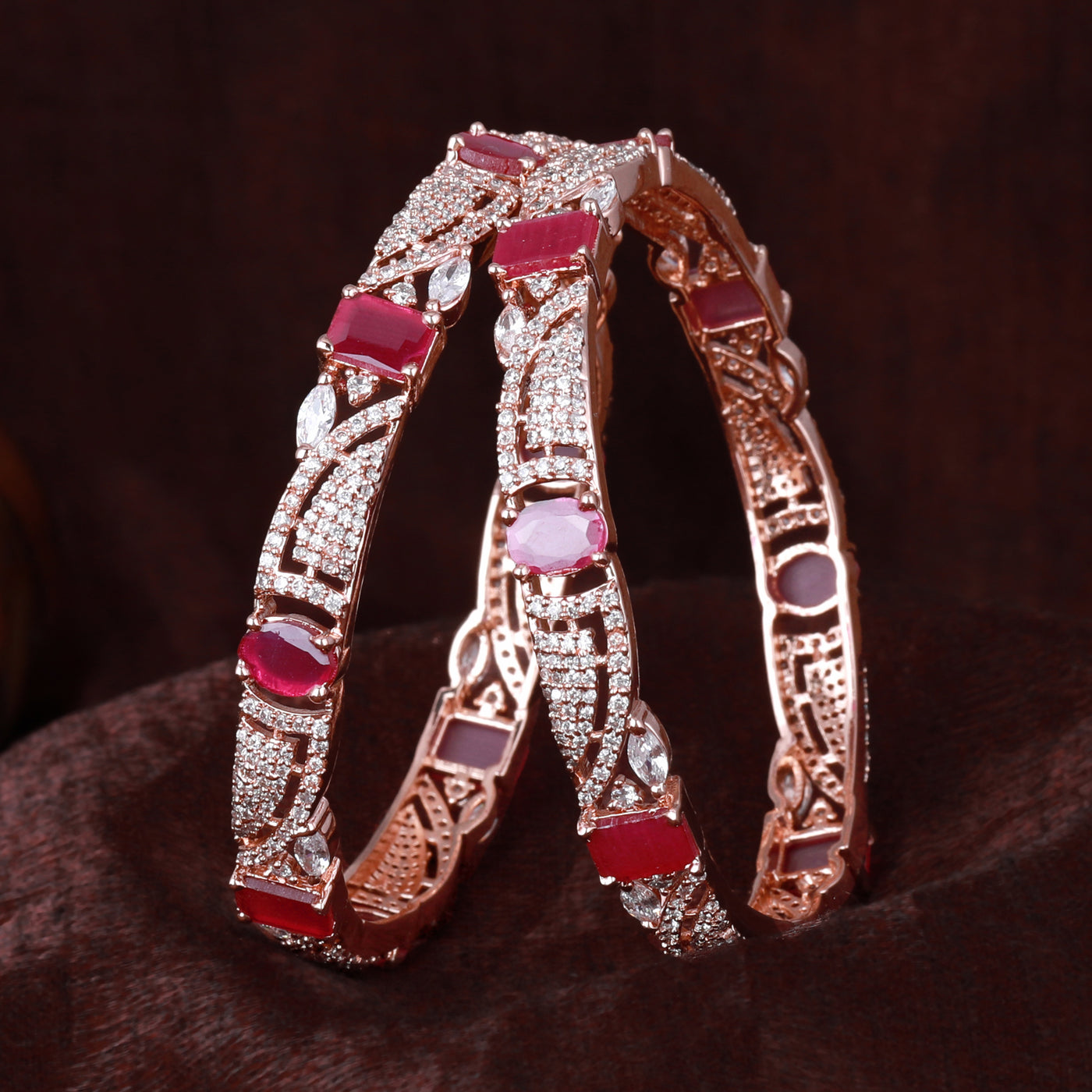 Estele Rose Gold Plated CZ Scintillating Designer Bangles with Ruby Stones for Women