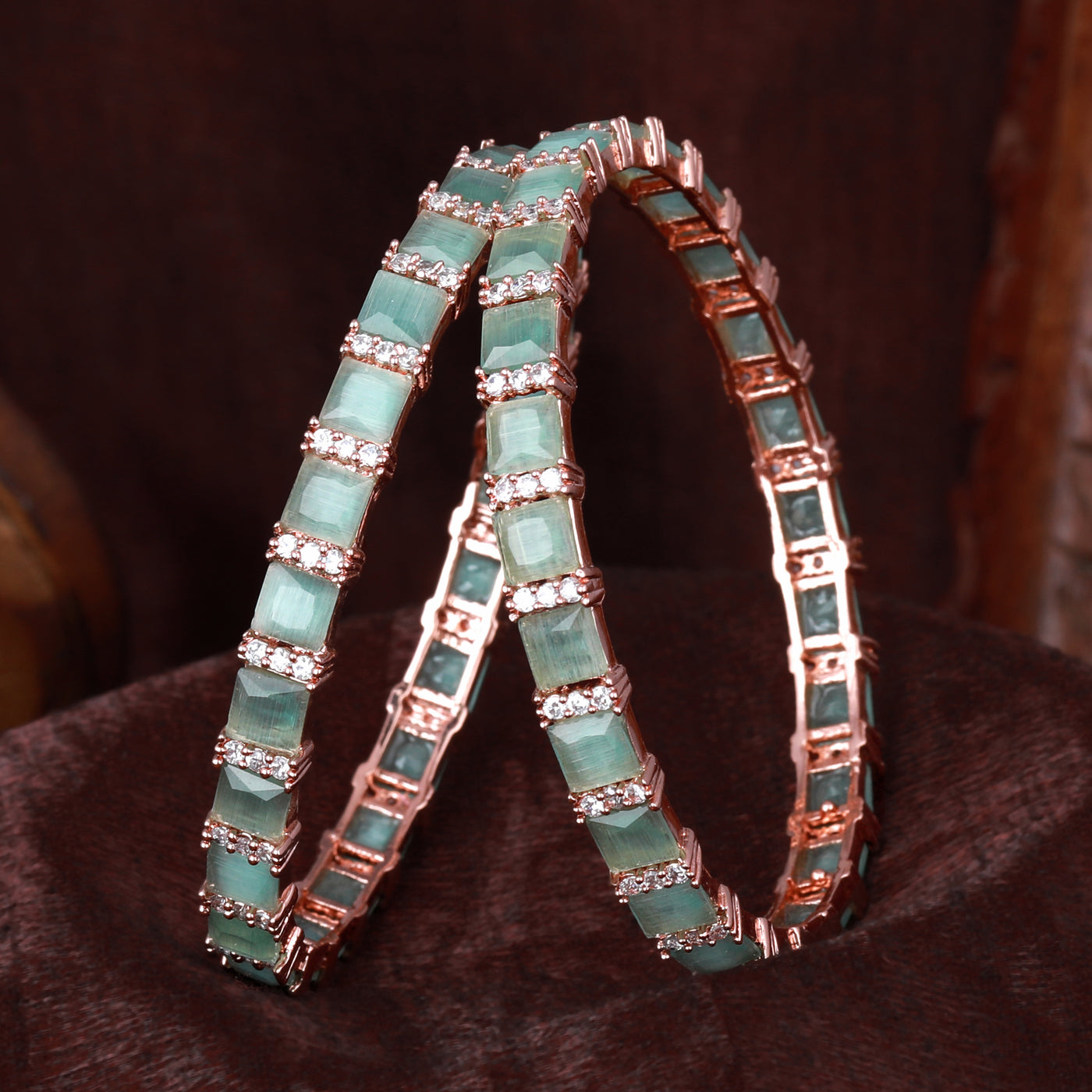 Estele Rosegold Plated Glossy Mint Green American Diamond Bangles for Women| Availabe Sizes 2:4, 2:6 & 2:8|Add a Touch of Glamour to Your Outfit