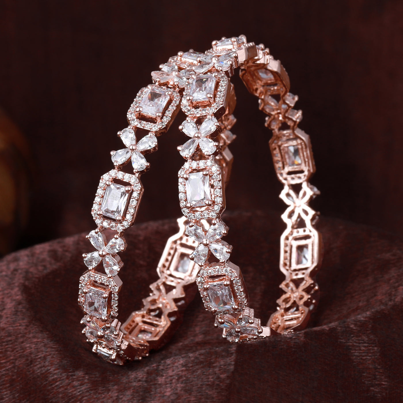 Estele Rose Gold Plated CZ Floral  Designer Bangles with White Stones for Women