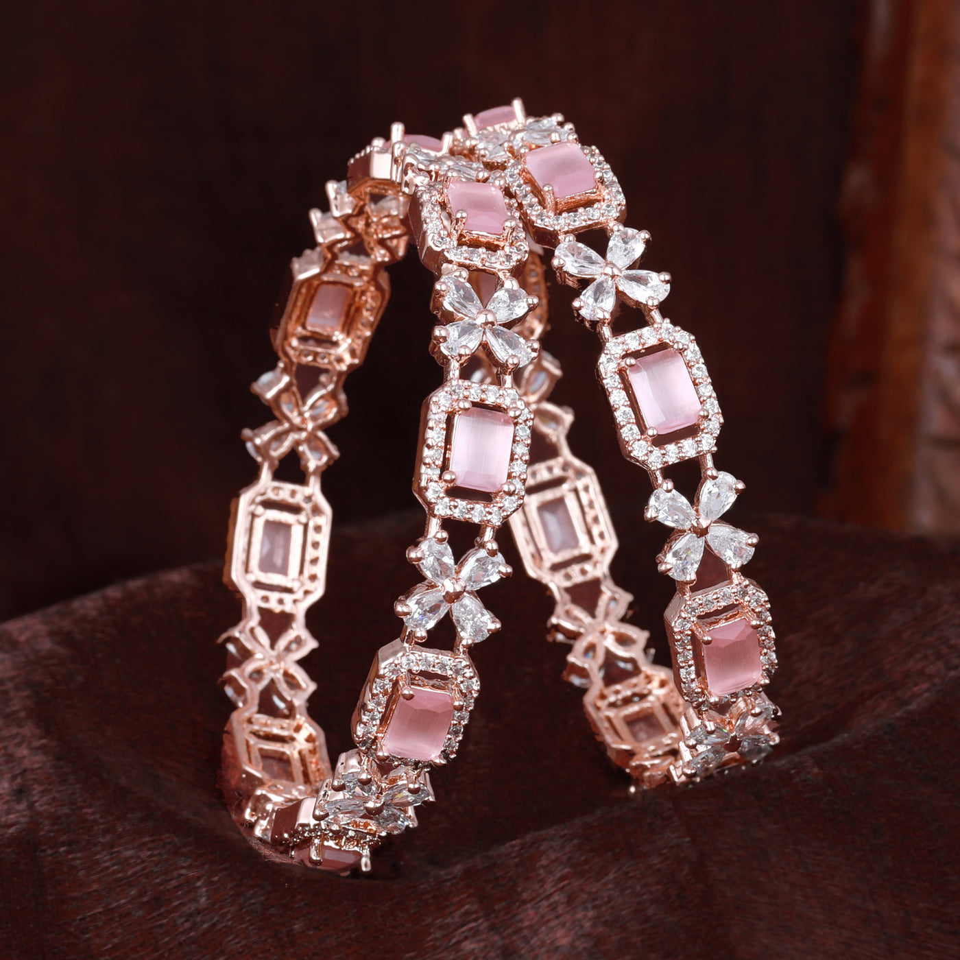 Estele Rose Gold Plated CZ Floral Designer Bangles with Mint Pink Stones for Women