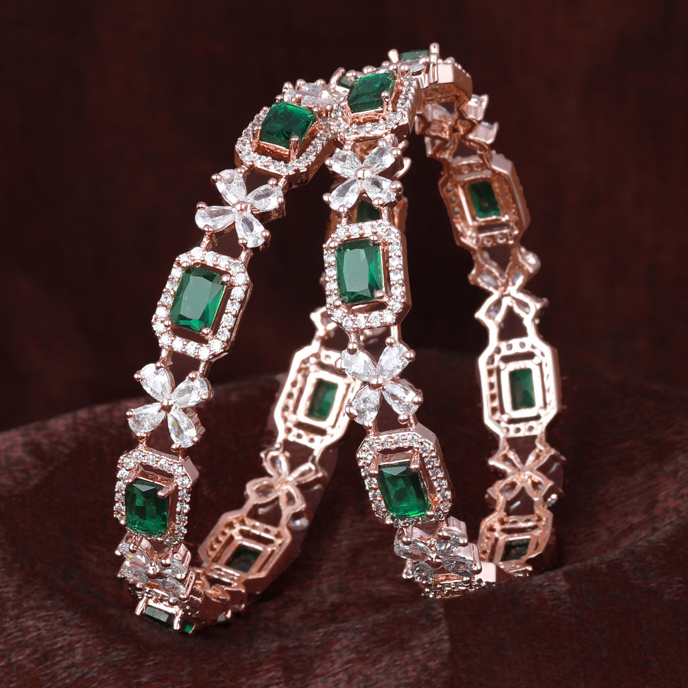 Estele Rose Gold Plated CZ Floral Designer Bangles with Green Stones for Women