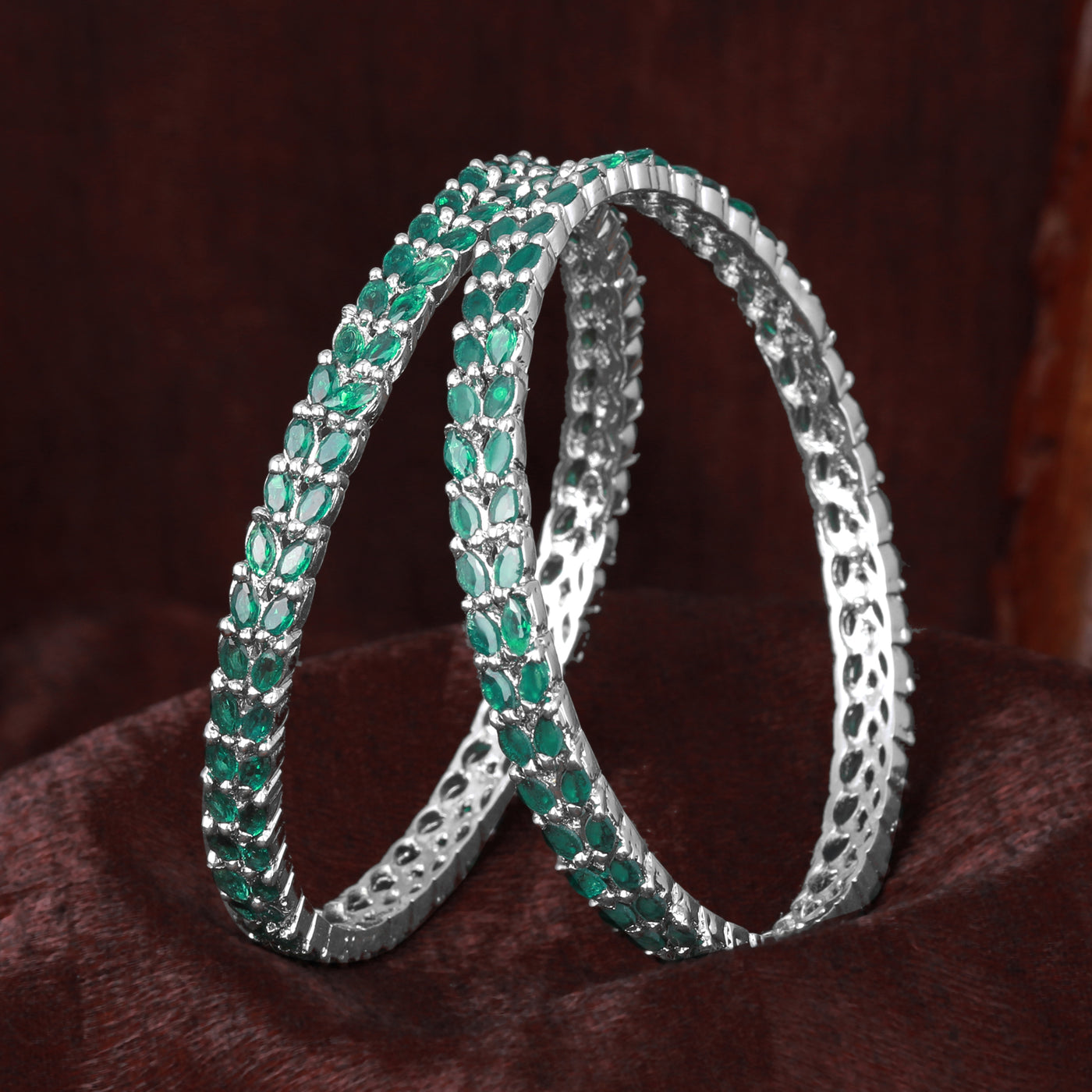 Estele Rhodium Plated CZ Marvelous Designer Bangles with Green Stones for Women