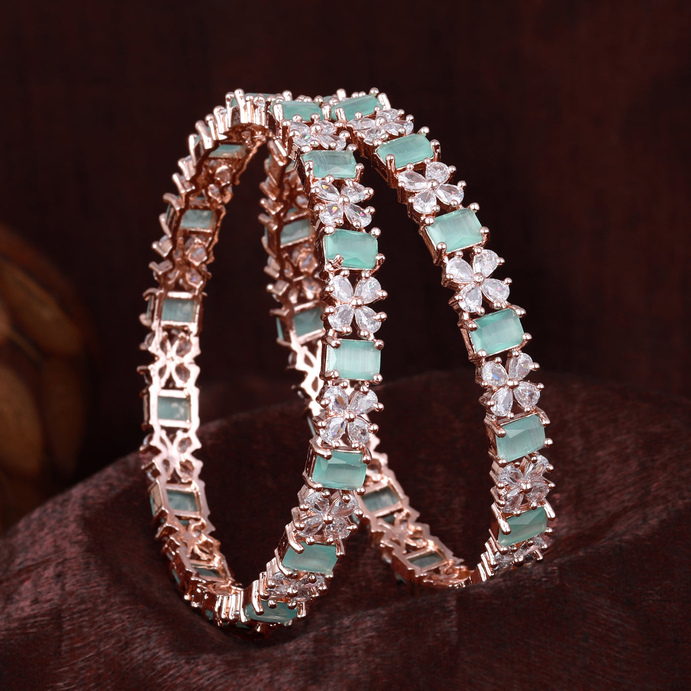 Estele Rose Gold Plated CZ Twinkling Floral Designer Bangles with Mint Green Stones for Women