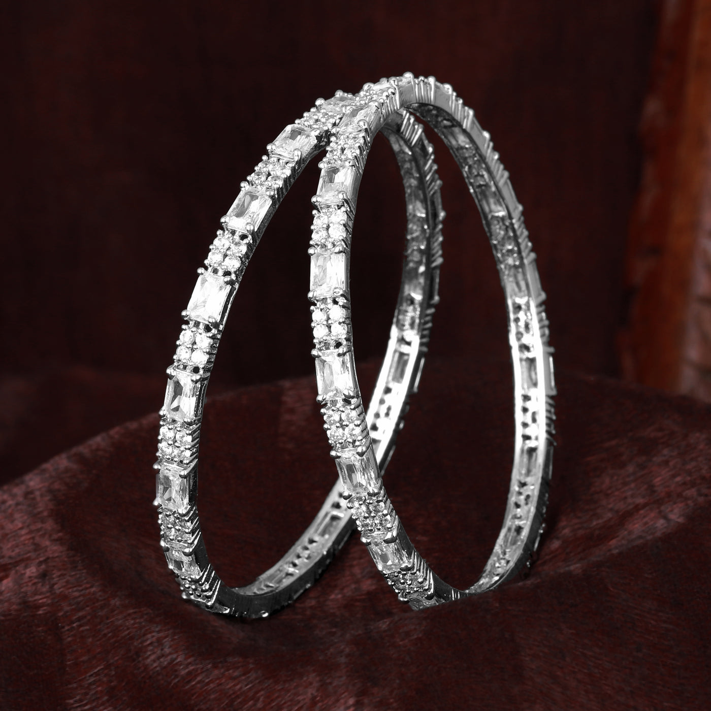 Estele Rhodium Plated CZ Shimmering Bangles with White Stones for Women