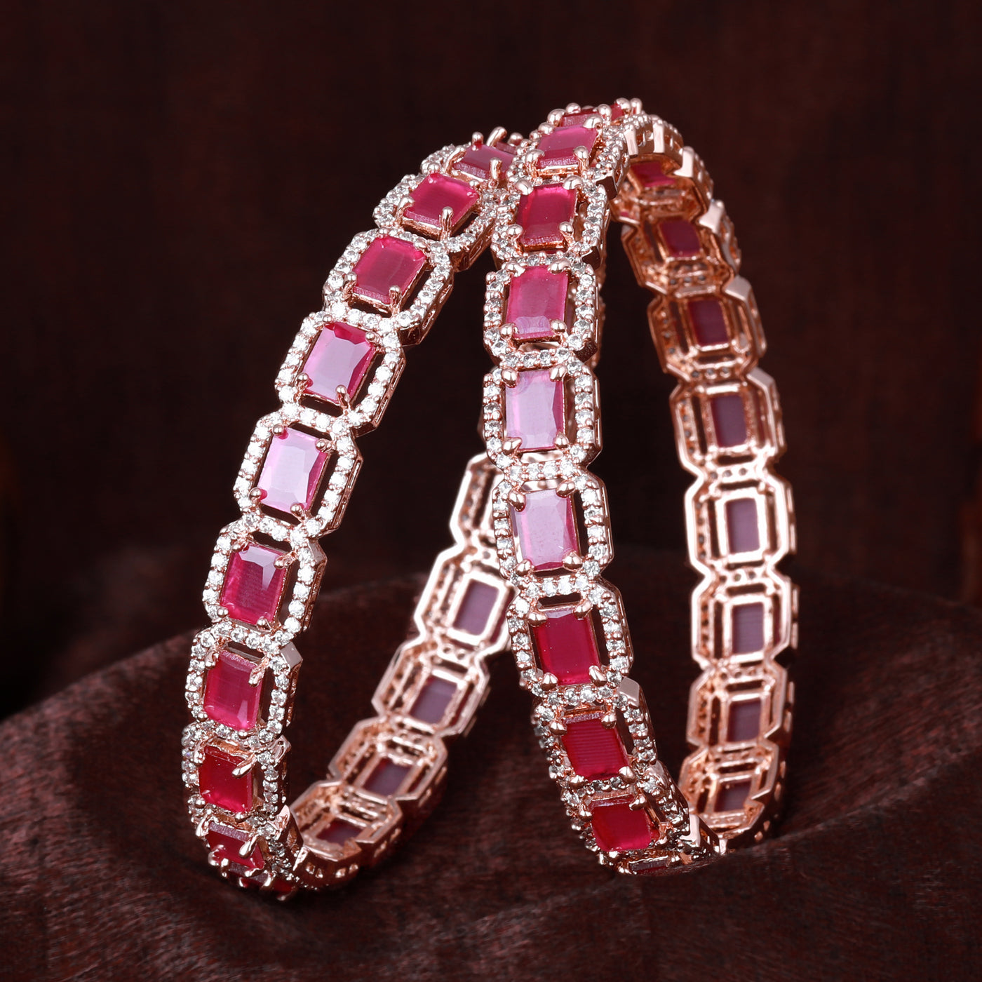 Estele Rose Gold Plated CZ Radiant Square Designer Bangles with Ruby Stones for Women