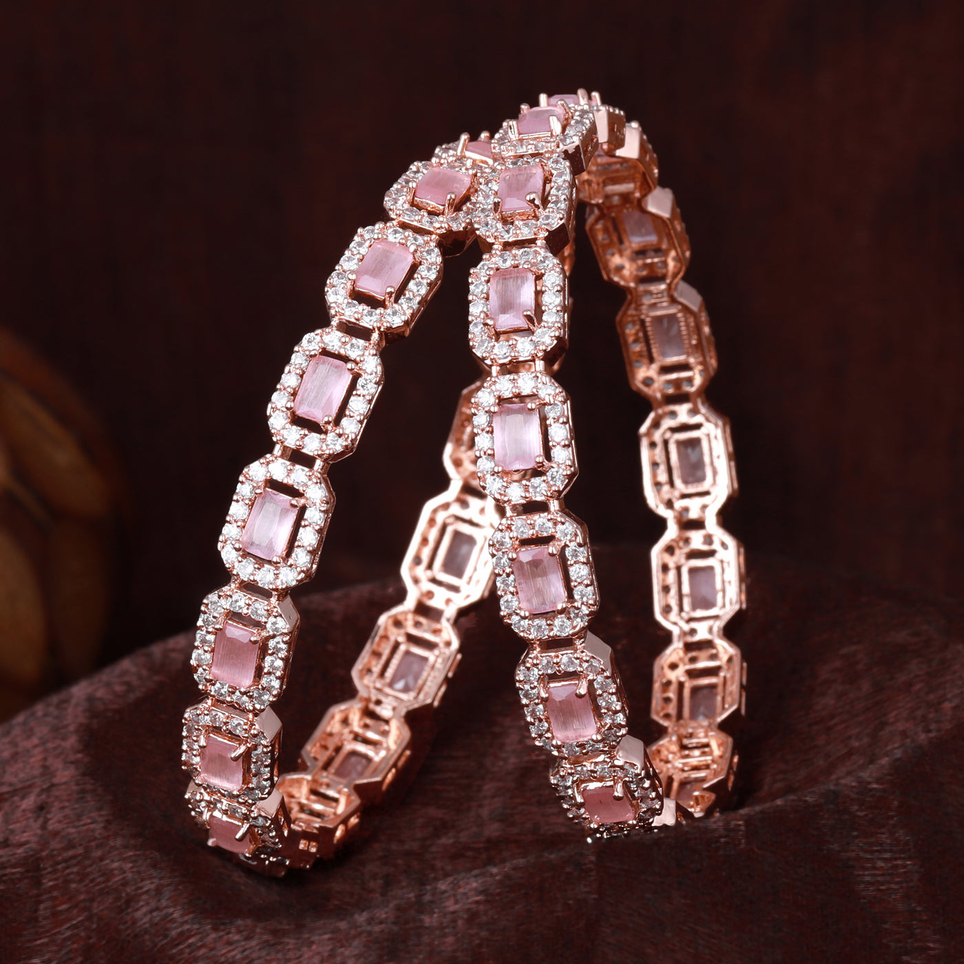 Estele Rose Gold Plated CZ Astonishing Bangles with Mint Pink Stones for Women