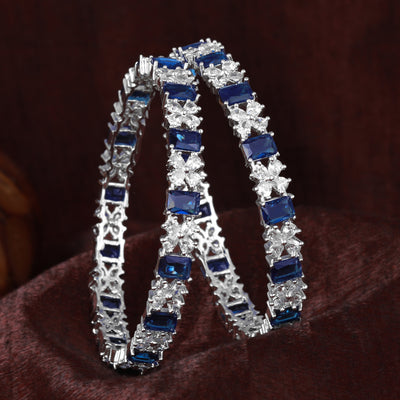 Estele Rhodium Plated Floral Designer Stunning Blue American Diamond Bangles| Available in 2:4, 2:6, & 2:8 Sizes| Timeless & Elegant Look for Women