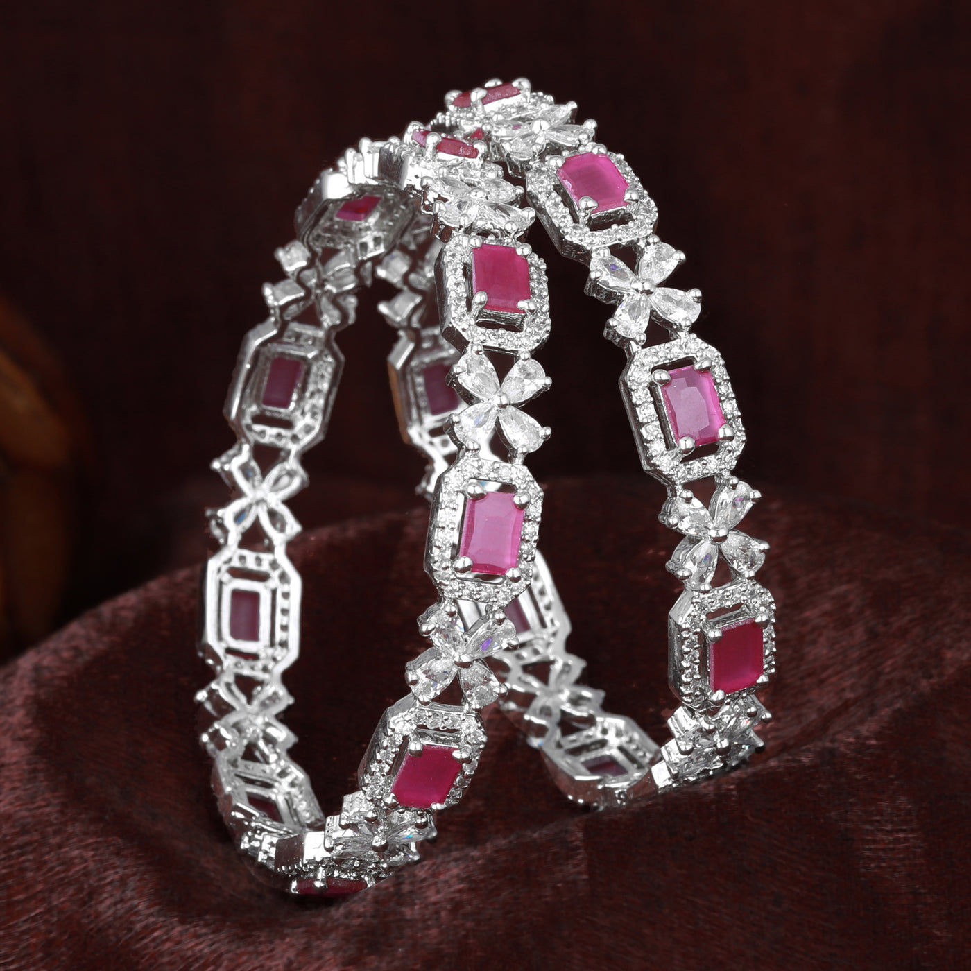 Estele Rhodium Plated CZ Floral  Designer Bangles with Ruby Stones for Women