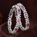 Estele Rhodium Plated Resplendent Ruby American Diamond Floral Bangles |Available in 2:4, 2:6, & 2:8 Sizes|Perfect Blend of Glamour & Elegance for Women