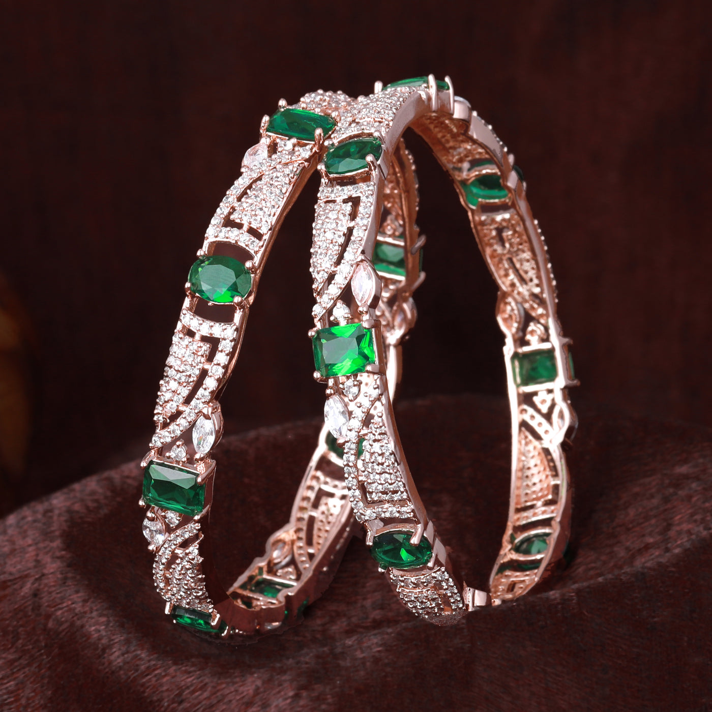 Estele Rose Gold Plated CZ Scintillating Designer Bangles with Green Stones for Women