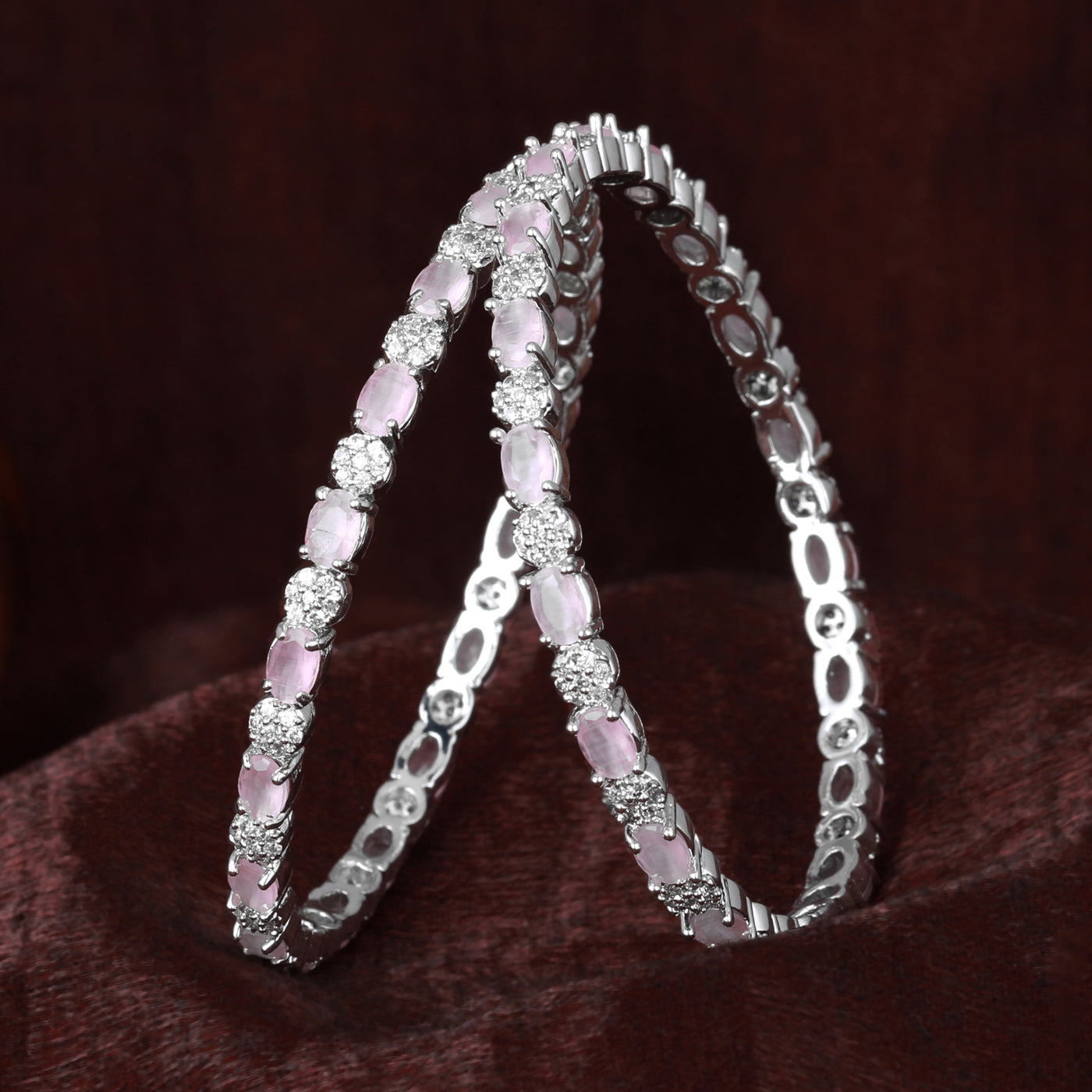 Estele Rhodium Plated CZ Splendid Designer Bangles with Mint Pink Stones for Women