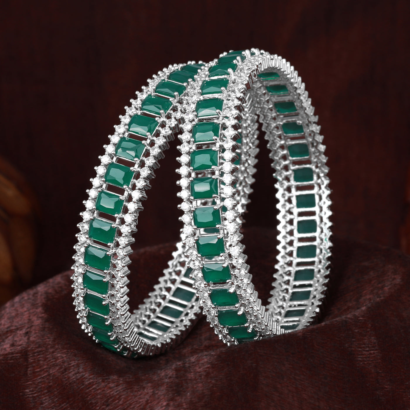 Estele Rhodium Plated CZ Captivating Designer Bangles with Green Stones for Women