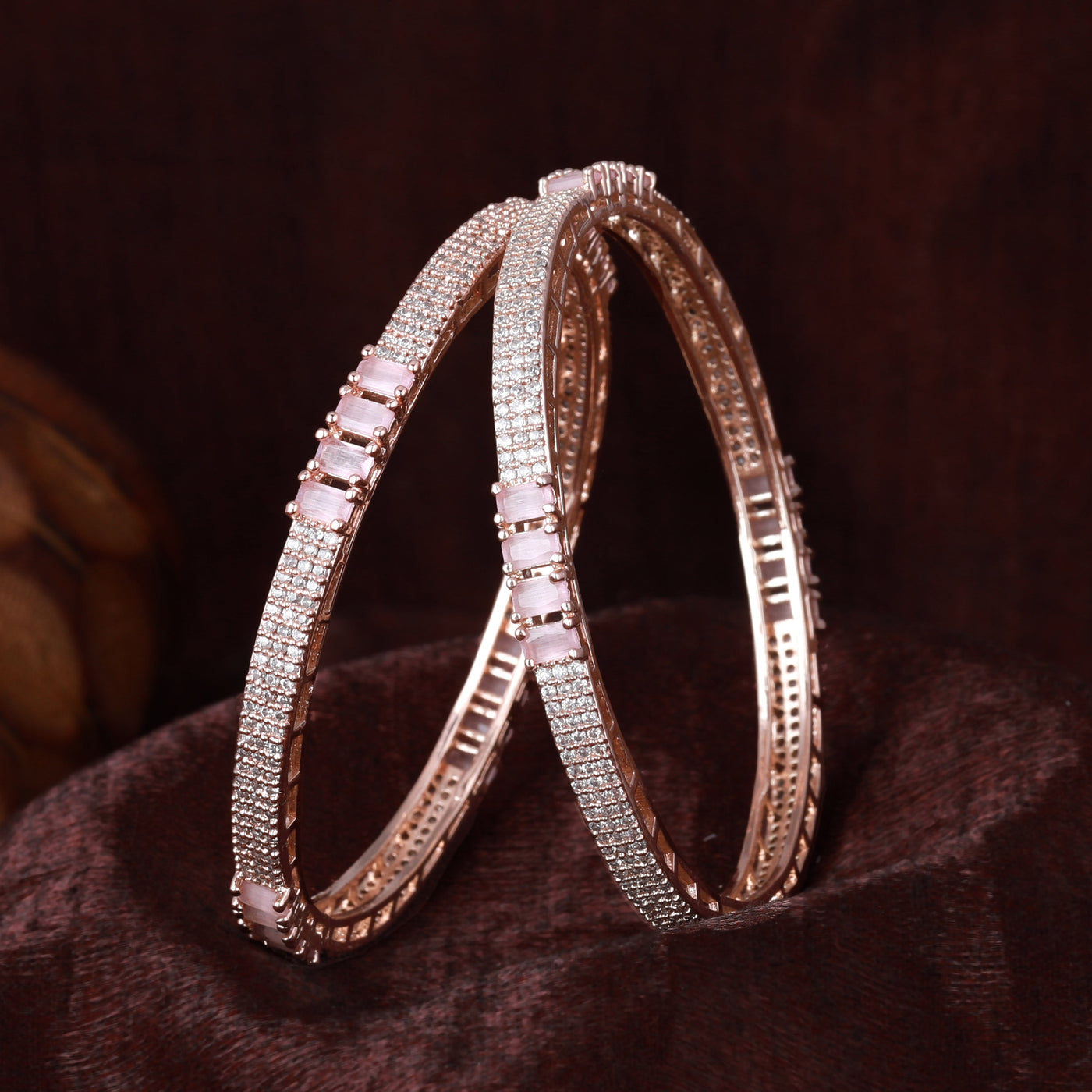 Estele Rose Gold Plated CZ Sparking Bangles with Mint Pink Crystals for Women