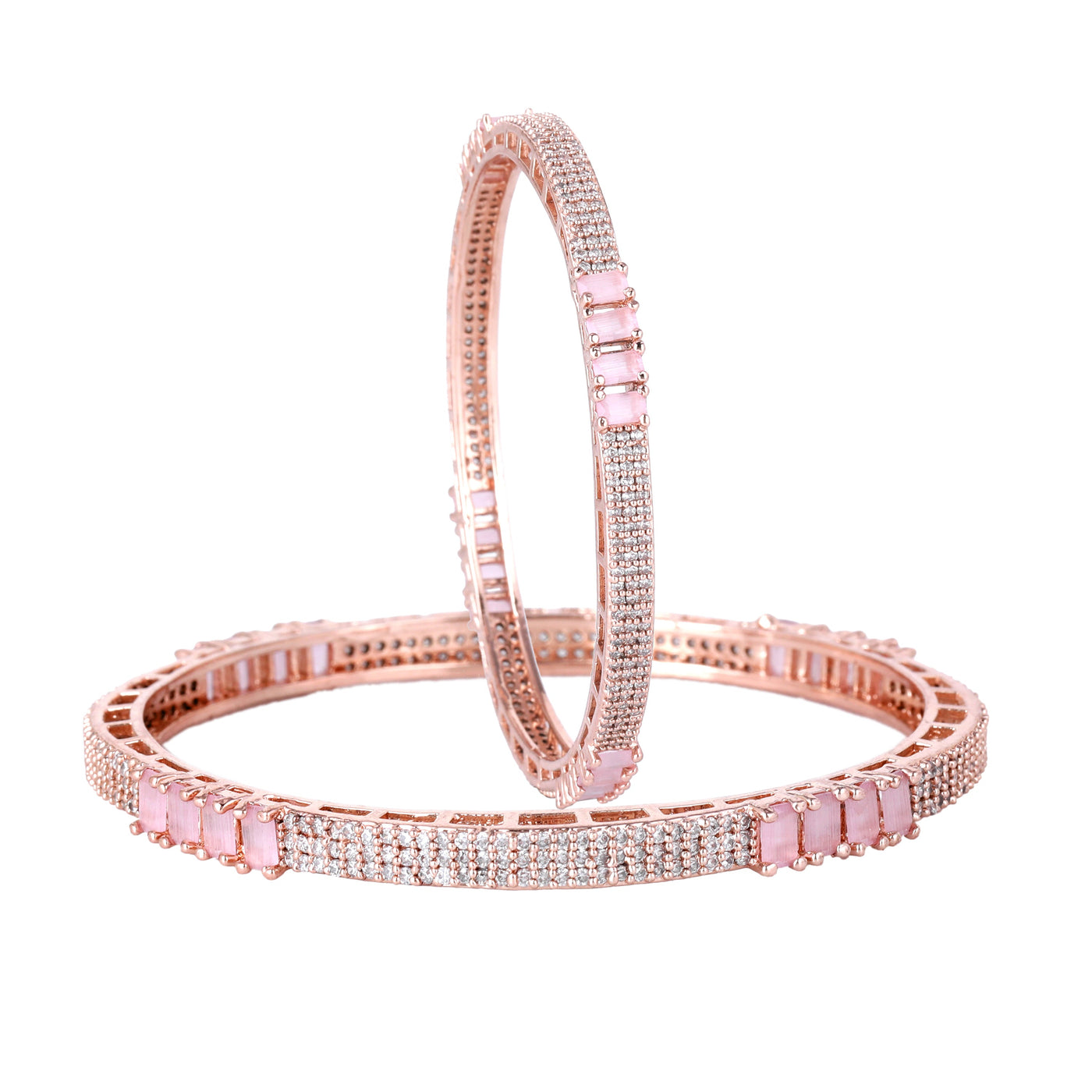 Estele Rose Gold Plated CZ Sparking Bangles with Mint Pink Crystals for Women