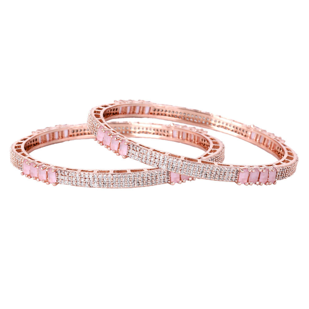 Estele Rosegold Plated Glossy Mint Pink American Diamond Bangles for W
