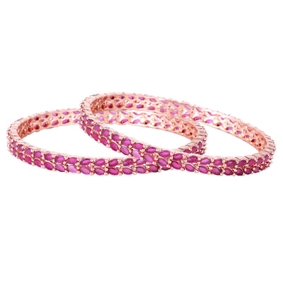 Estele Rosegold-Plated Sparkling Ruby American Diamond 2:6 Size Bangles with Leafy Accents |Perfect for Modern & Traditional Outfits for Women