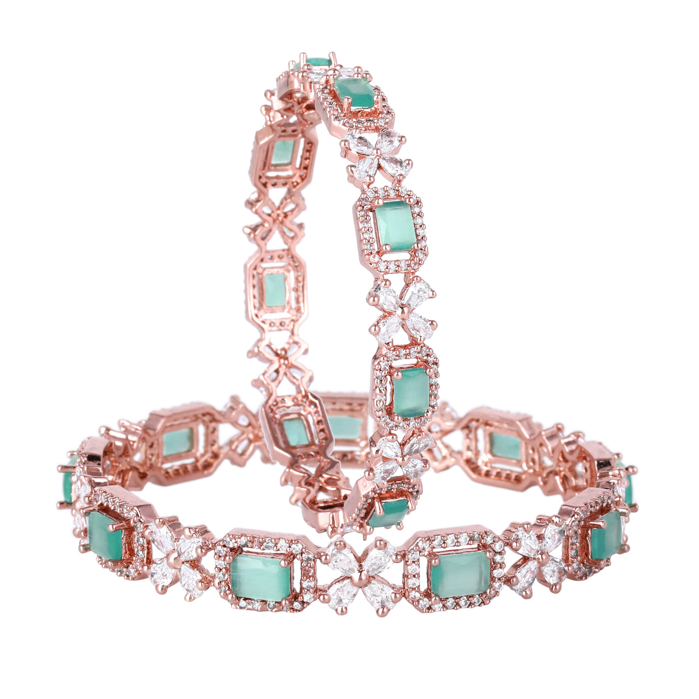 Estele Rose Gold Plated CZ Floral  Designer Bangles with Mint Green Stones for Women