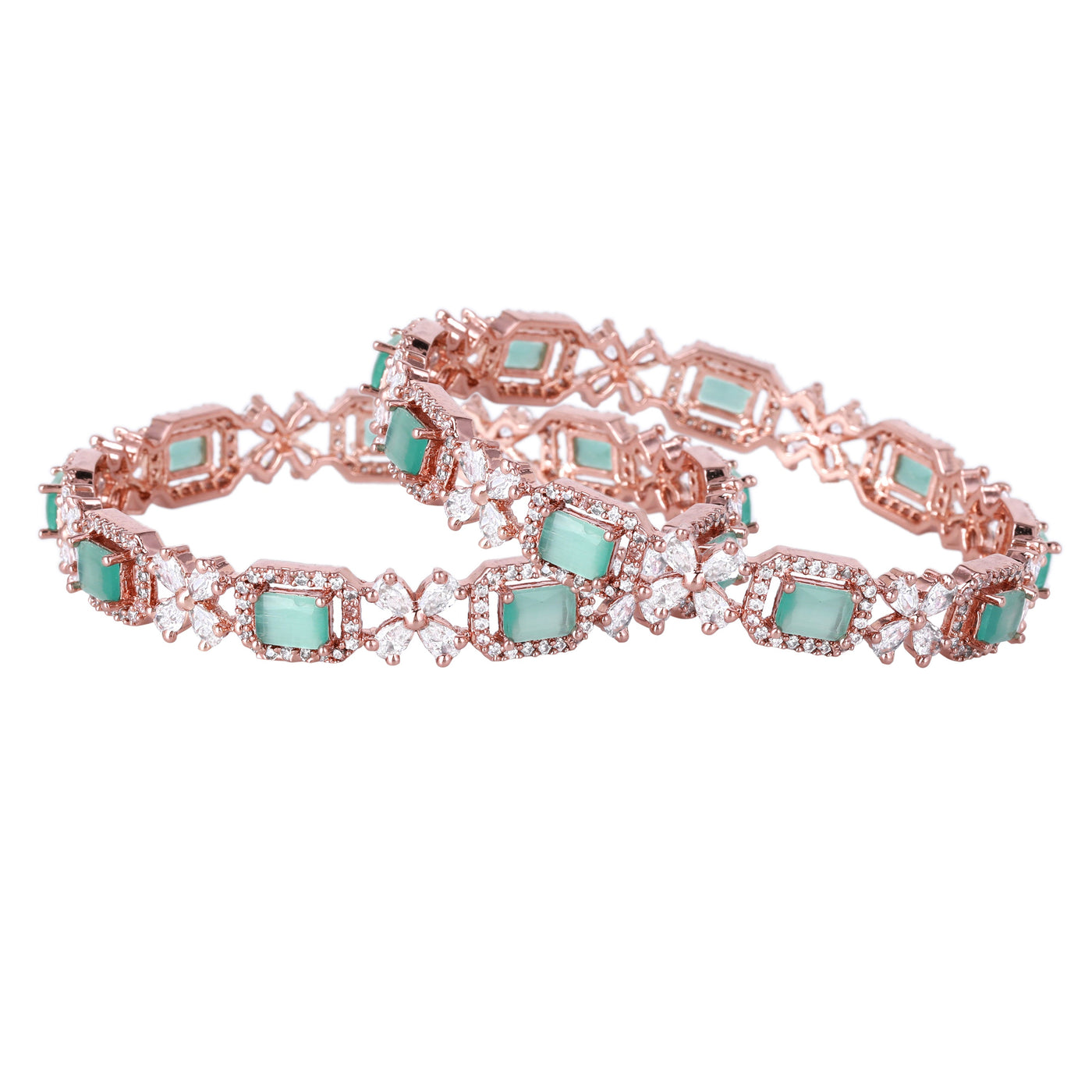 Estele Rose Gold Plated CZ Floral  Designer Bangles with Mint Green Stones for Women