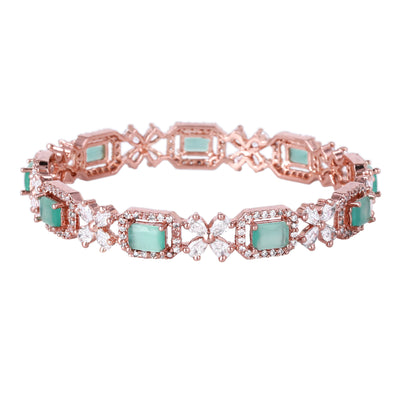 Estele Rose Gold Plated CZ Floral  Designer Bangles with Mint Green Stones for Women