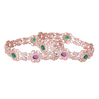 Estele Rose Gold Plated CZ Daisy Flower Shaped Bangles with Ruby & Green Stones for Women