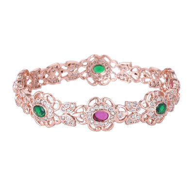 Estele Rose Gold Plated CZ Daisy Flower Shaped Bangles with Ruby & Green Stones for Women