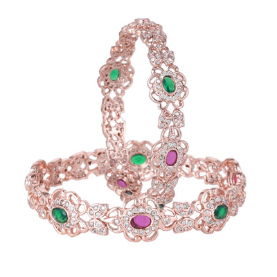 Estele Rose Gold Plated CZ Daisy Flower Shaped Bangles with Ruby & Green Stones for Women