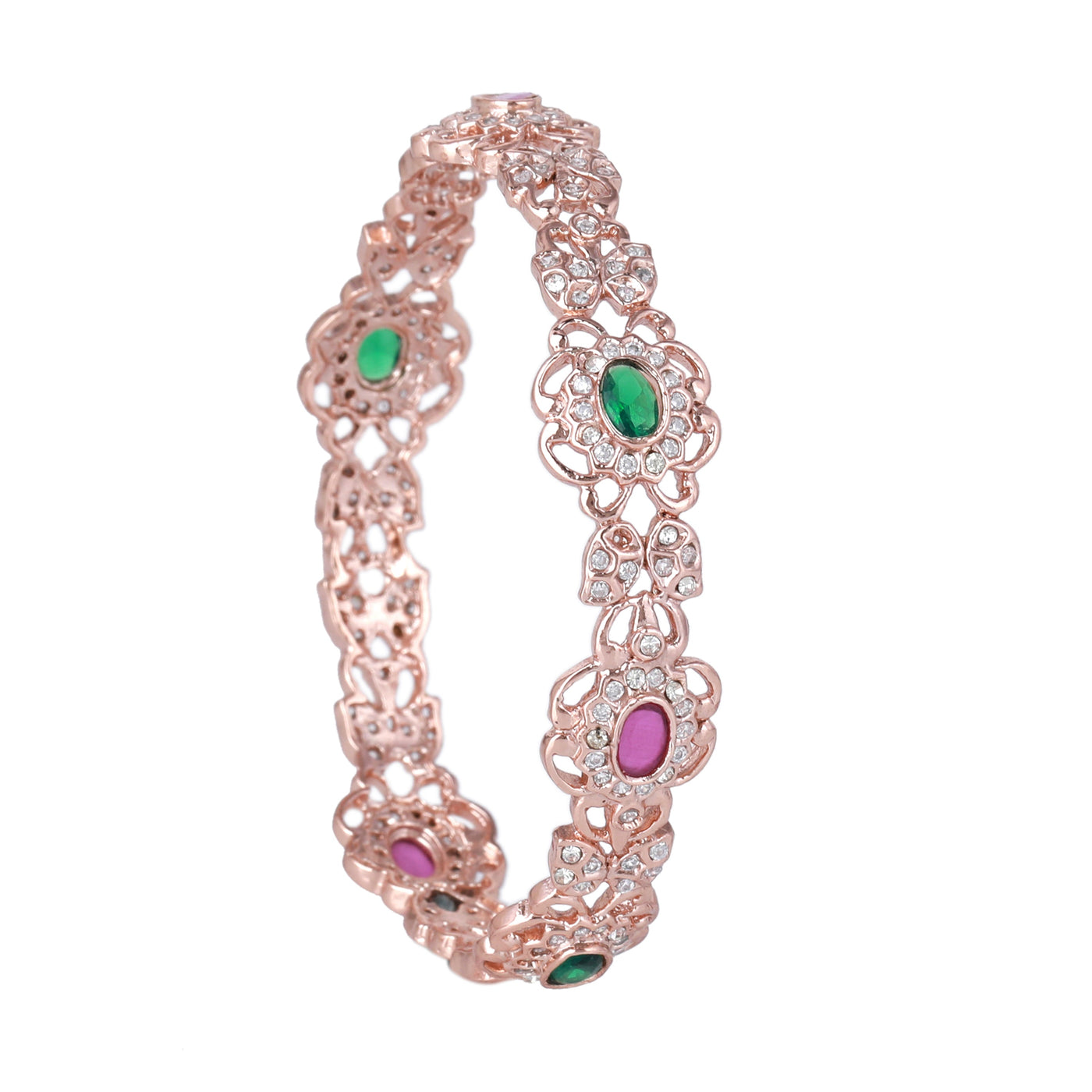 Estele Rose Gold Plated CZ Daisy Flower Shaped Bangles with Ruby & Green Stones for Women