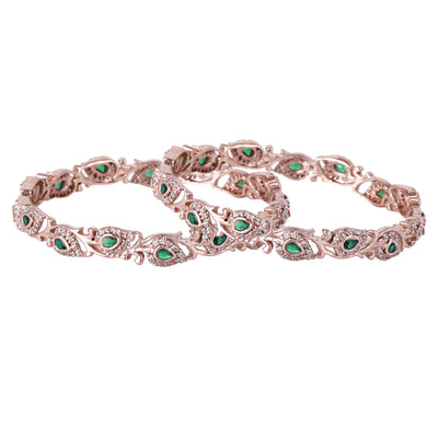 Estele Rose Gold Plated CZ Leaf Designer Bangles with Green Stones for Women