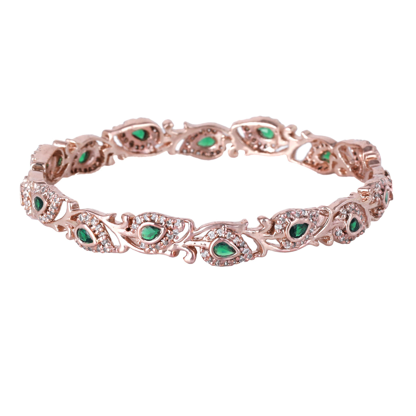 Estele Rose Gold Plated CZ Leaf Designer Bangles with Green Stones for Women