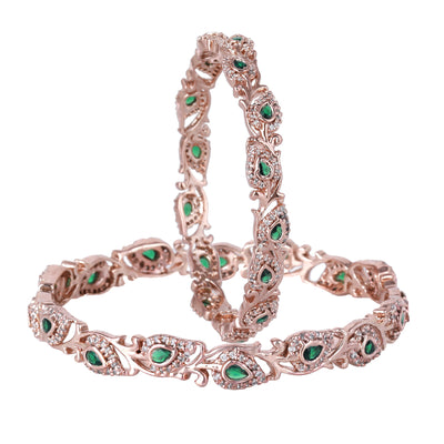 Estele Rose Gold Plated CZ Leaf Designer Bangles with Green Stones for Women