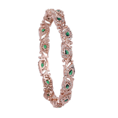 Estele Rose Gold Plated CZ Leaf Designer Bangles with Green Stones for Women