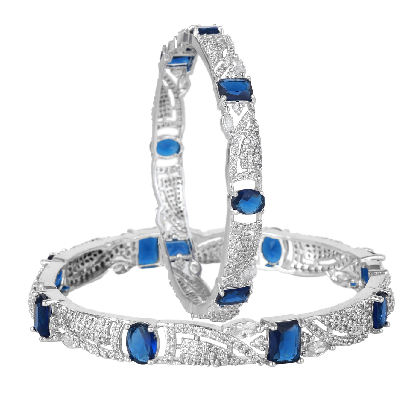 Estele Rhodium Plated CZ Scintillating Designer Bangles with Blue Stones for Women