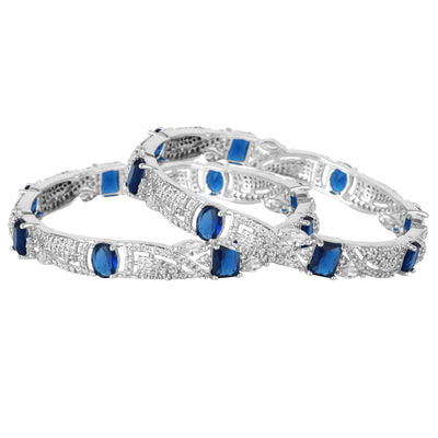 Estele Rhodium Plated CZ Scintillating Designer Bangles with Blue Stones for Women