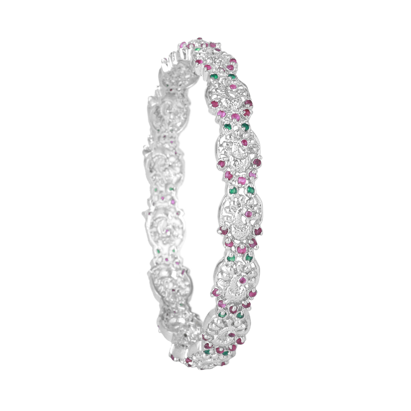 Estele Rhodium Plated CZ Opulent Peacock Designer Bangles with Multi-color Stones for Women