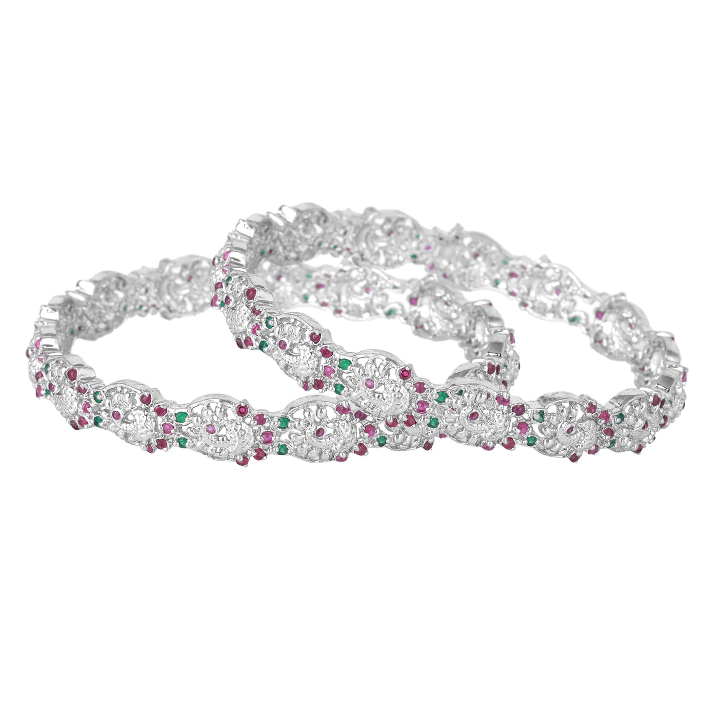 Estele Rhodium Plated CZ Opulent Peacock Designer Bangles with Multi-color Stones for Women