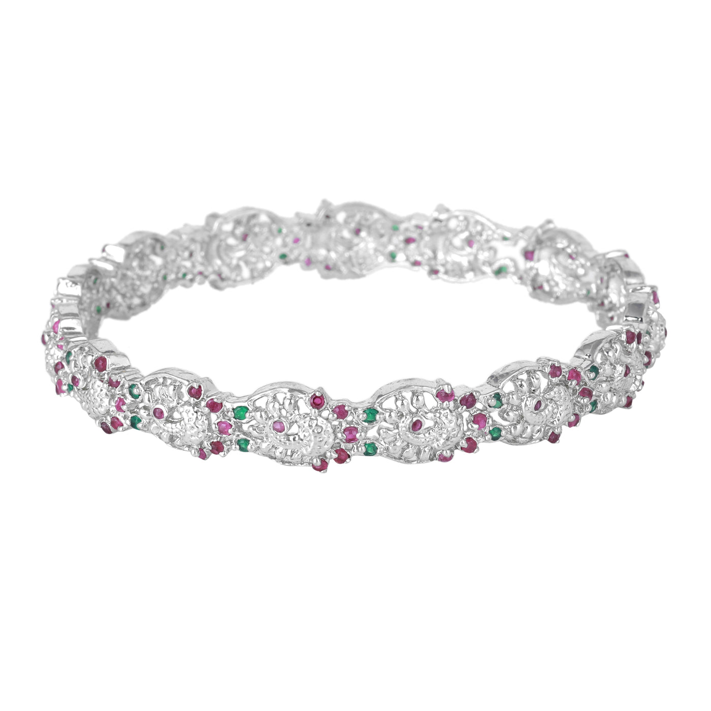 Estele Rhodium Plated CZ Opulent Peacock Designer Bangles with Multi-color Stones for Women