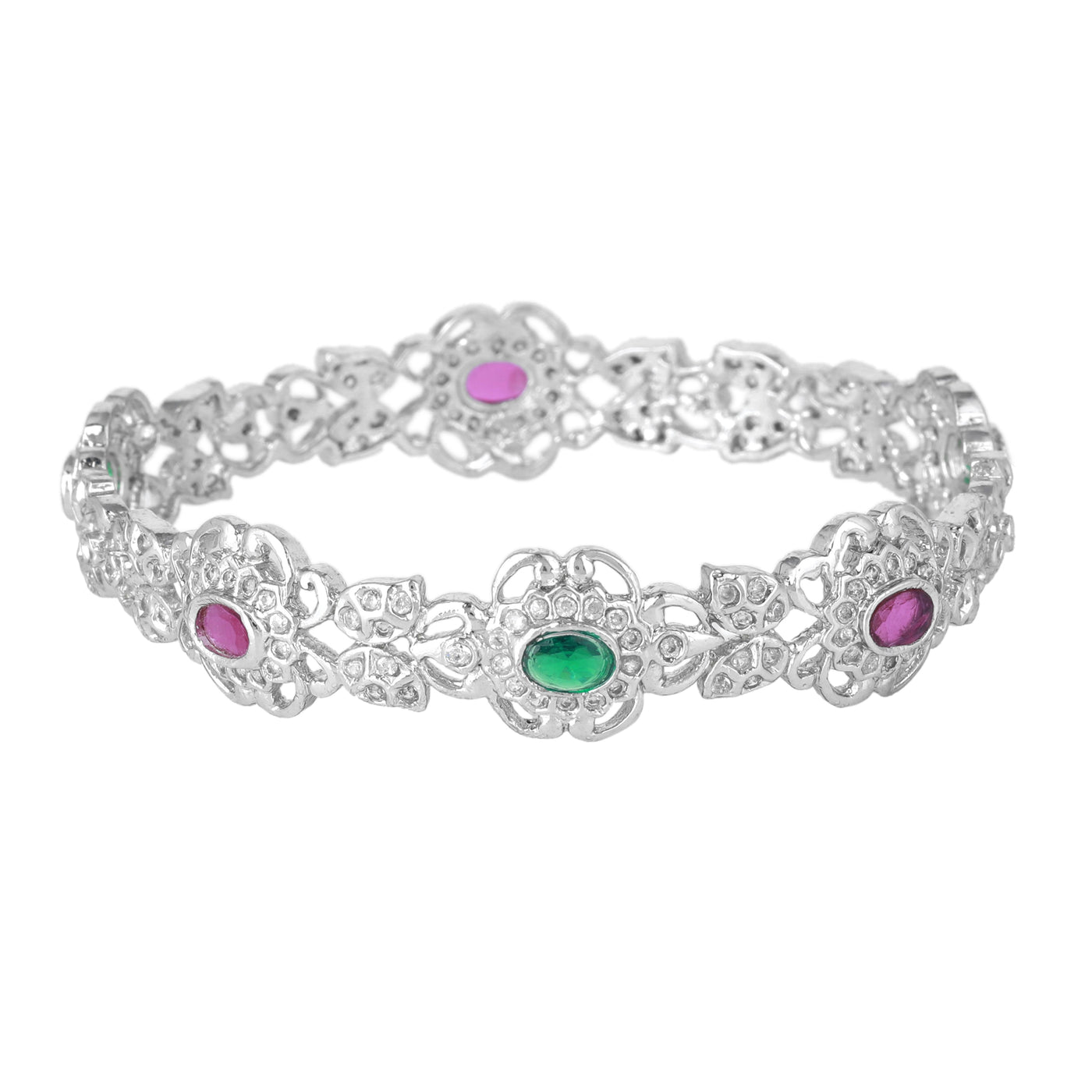 Estele Rhodium Plated CZ Daisy Flower Shaped Bangles with Ruby & Green Stones for Women