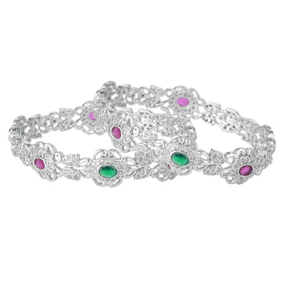 Estele Rhodium Plated CZ Daisy Flower Shaped Bangles with Ruby & Green Stones for Women