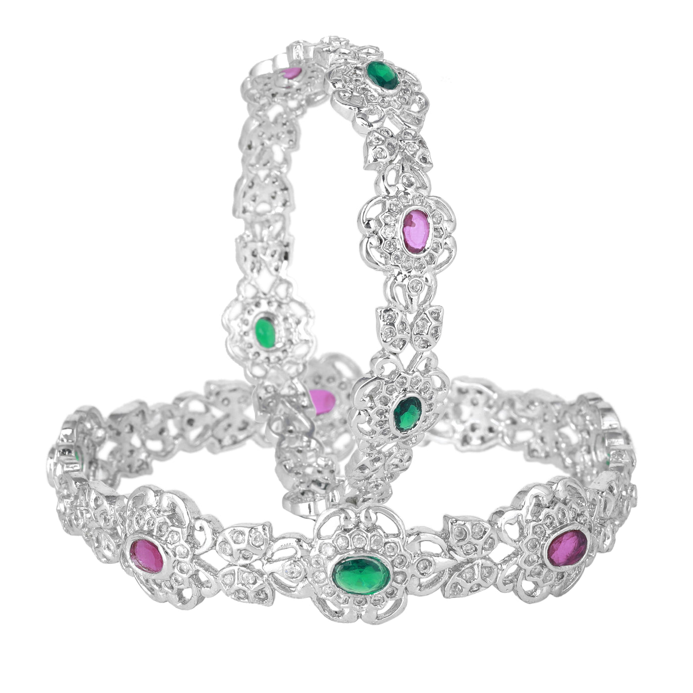 Estele Rhodium Plated CZ Daisy Flower Shaped Bangles with Ruby & Green Stones for Women