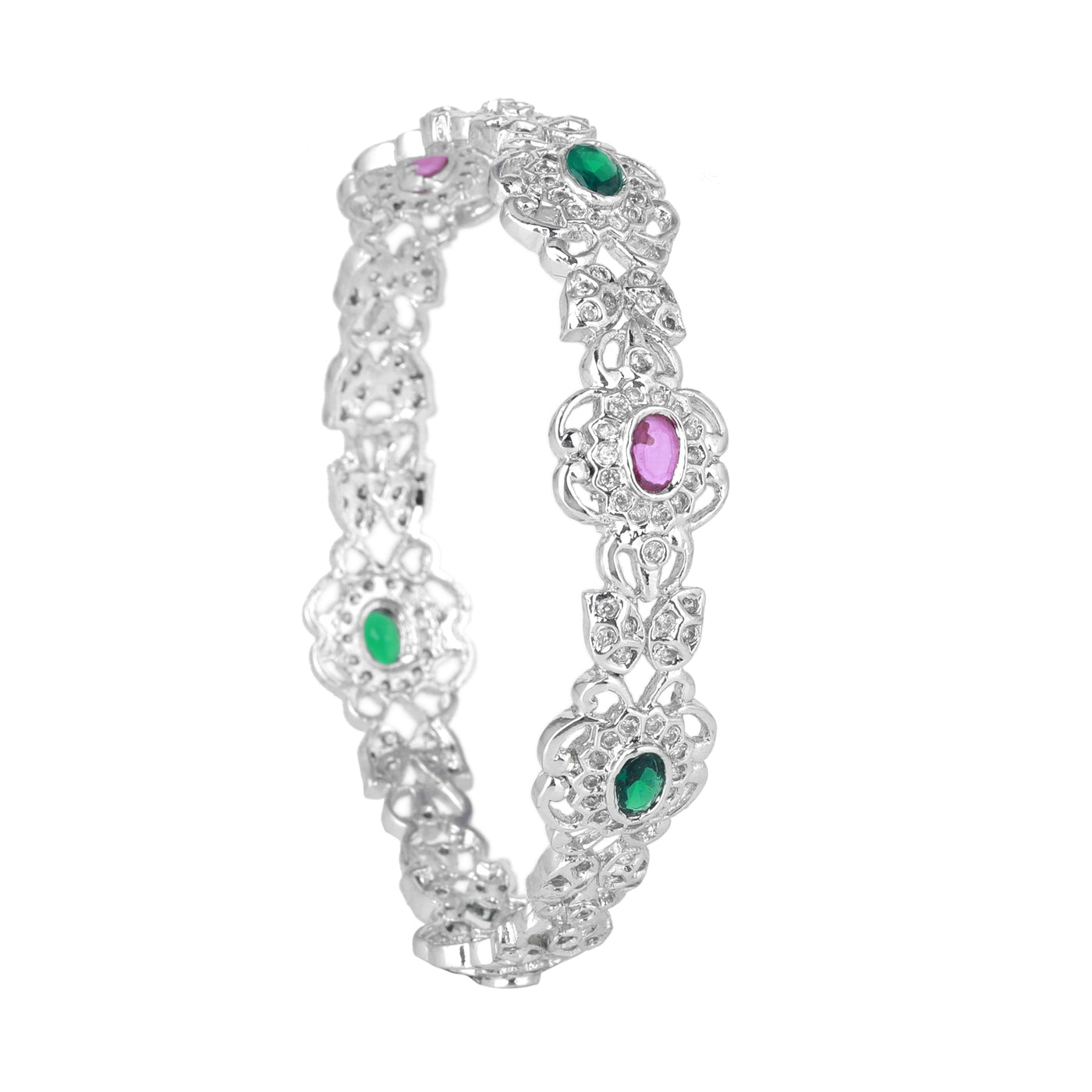 Estele Rhodium Plated CZ Daisy Flower Shaped Bangles with Ruby & Green Stones for Women