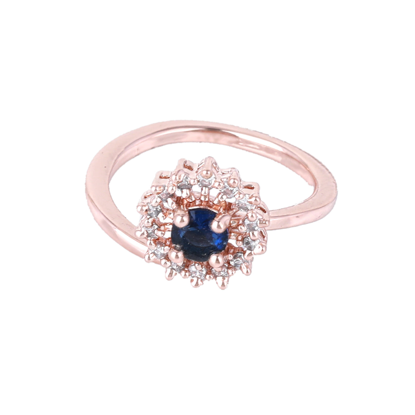 Estele Rose Gold Plated CZ Flower Designer Finger Ring with Blue Stones for Women (Adjustable)