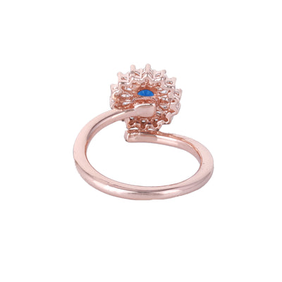 Estele Rose Gold Plated CZ Flower Designer Finger Ring with Blue Stones for Women (Adjustable)