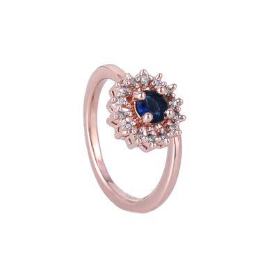 Estele Rose Gold Plated CZ Flower Designer Finger Ring with Blue Stones for Women (Adjustable)