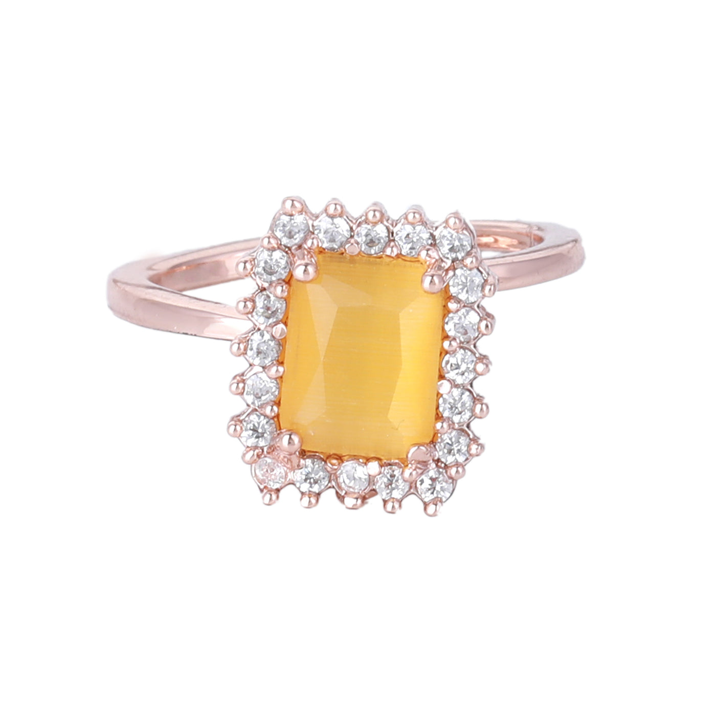 Estele Rose Gold Plated CZ Square Designer Finger Ring with Yellow Stone for Women(Adjustable)