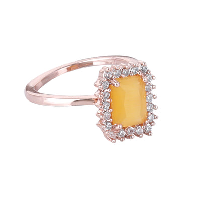 Estele Rose Gold Plated CZ Square Designer Finger Ring with Yellow Stone for Women(Adjustable)