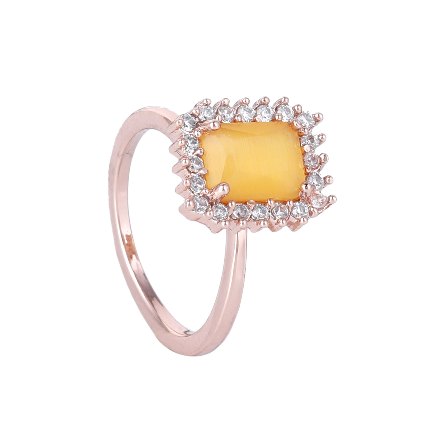 Estele Rose Gold Plated CZ Square Designer Finger Ring with Yellow Stone for Women(Adjustable)