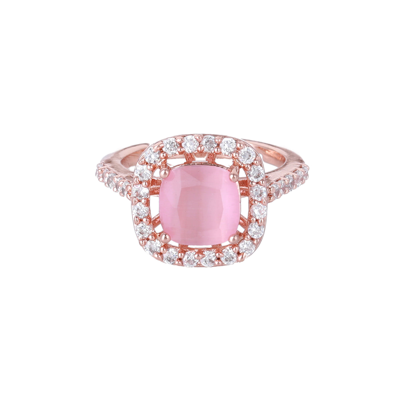 Estele Rose Gold Plated CZ Stylish Square Designer Finger Ring with Mint Pink Stones for Women(Adjustable)