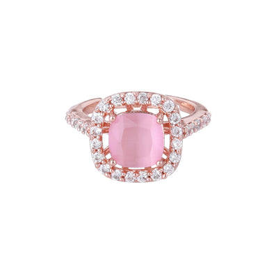 Estele Rose Gold Plated CZ Stylish Square Designer Finger Ring with Mint Pink Stones for Women(Adjustable)