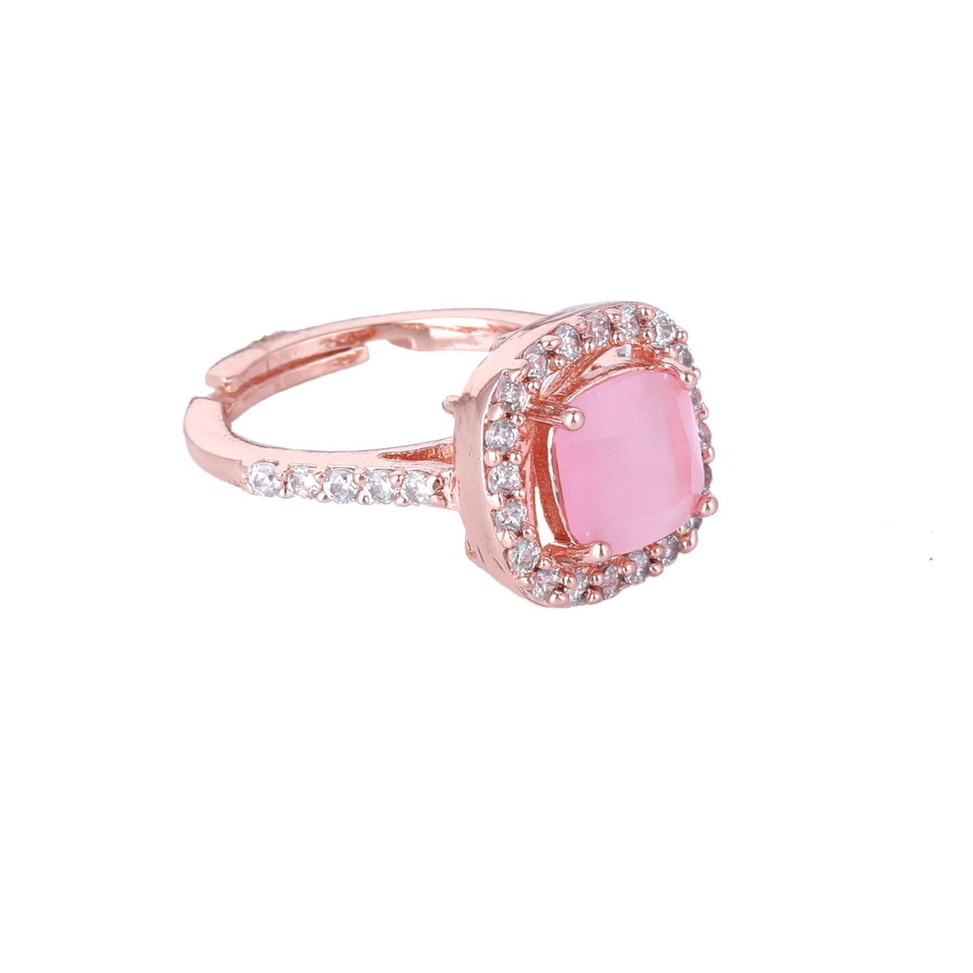 Estele Rose Gold Plated CZ Stylish Square Designer Finger Ring with Mint Pink Stones for Women(Adjustable)